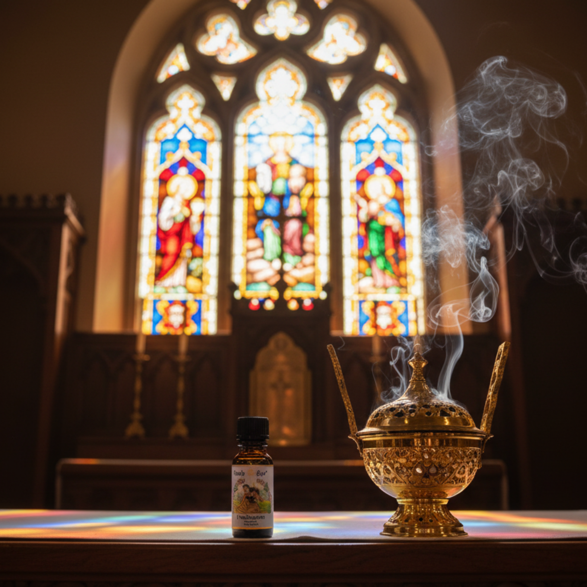 Gold Incense burner with smoke and a bottle of frankincense oil in front of a stained glass window.
