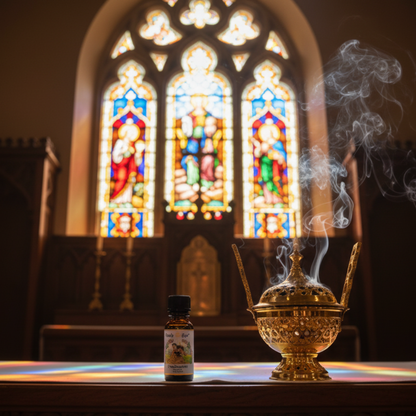 Gold Incense burner with smoke and a bottle of frankincense oil in front of a stained glass window.