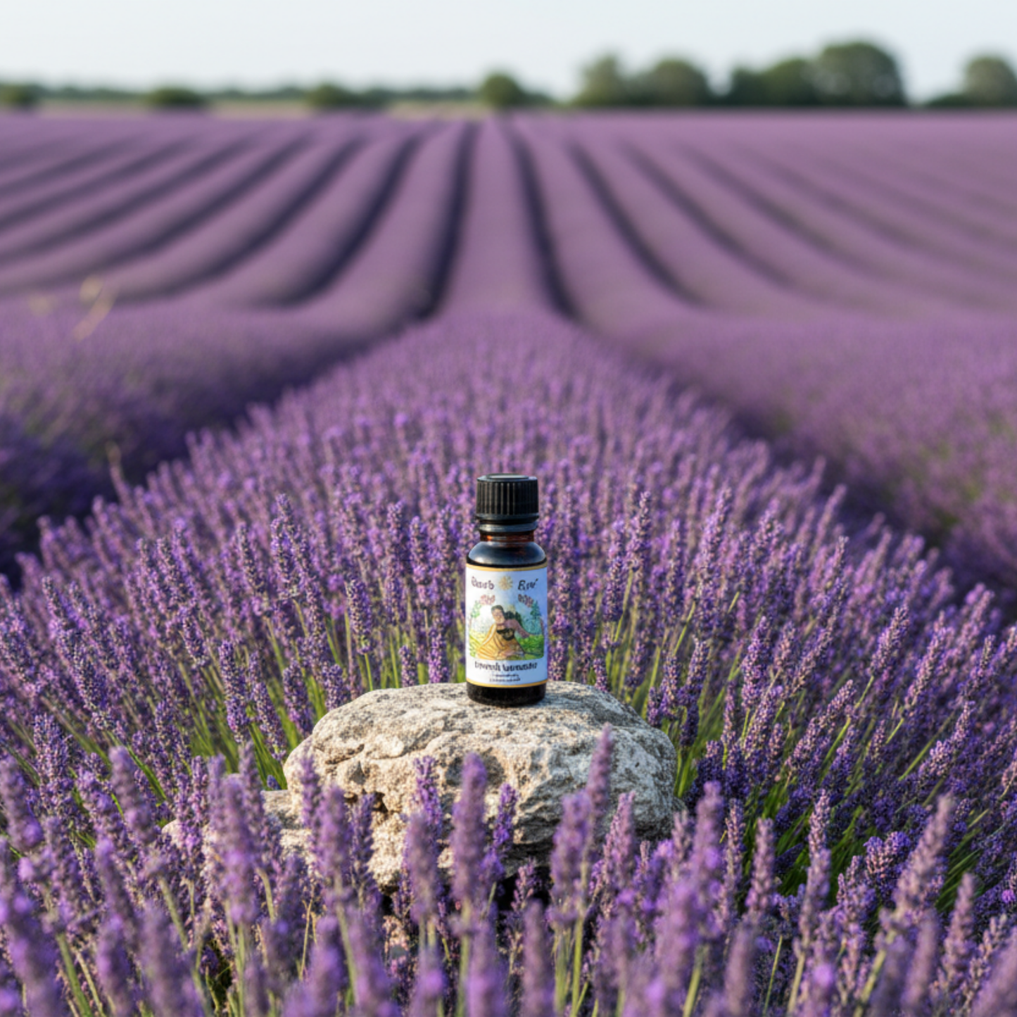 Bottle of suns eye lavender oil on a rock with a lavender field in the background