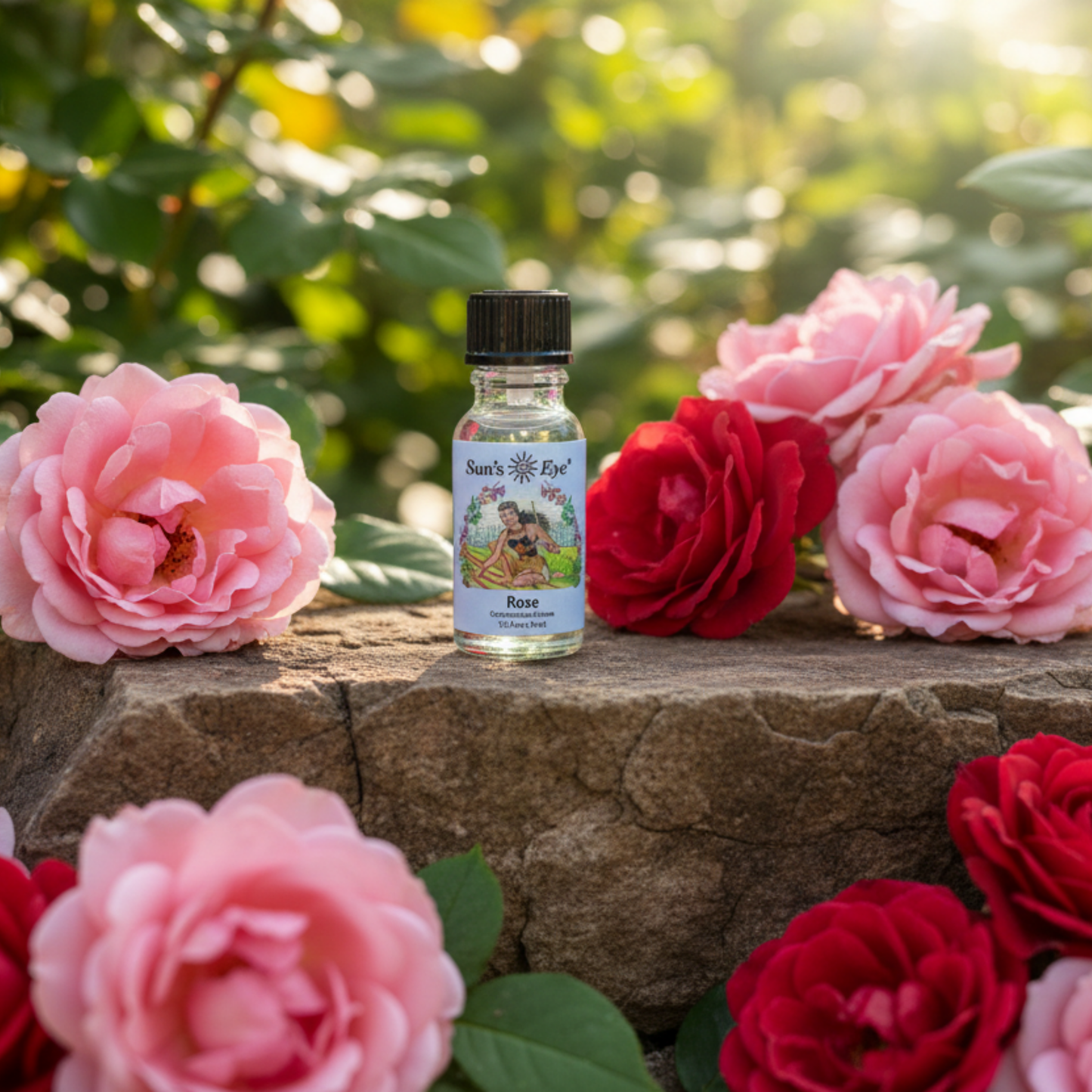 Bottle of 'Sun's Eye' rose oil surrounded by pink and red roses on a stone surface with a blurred green background.