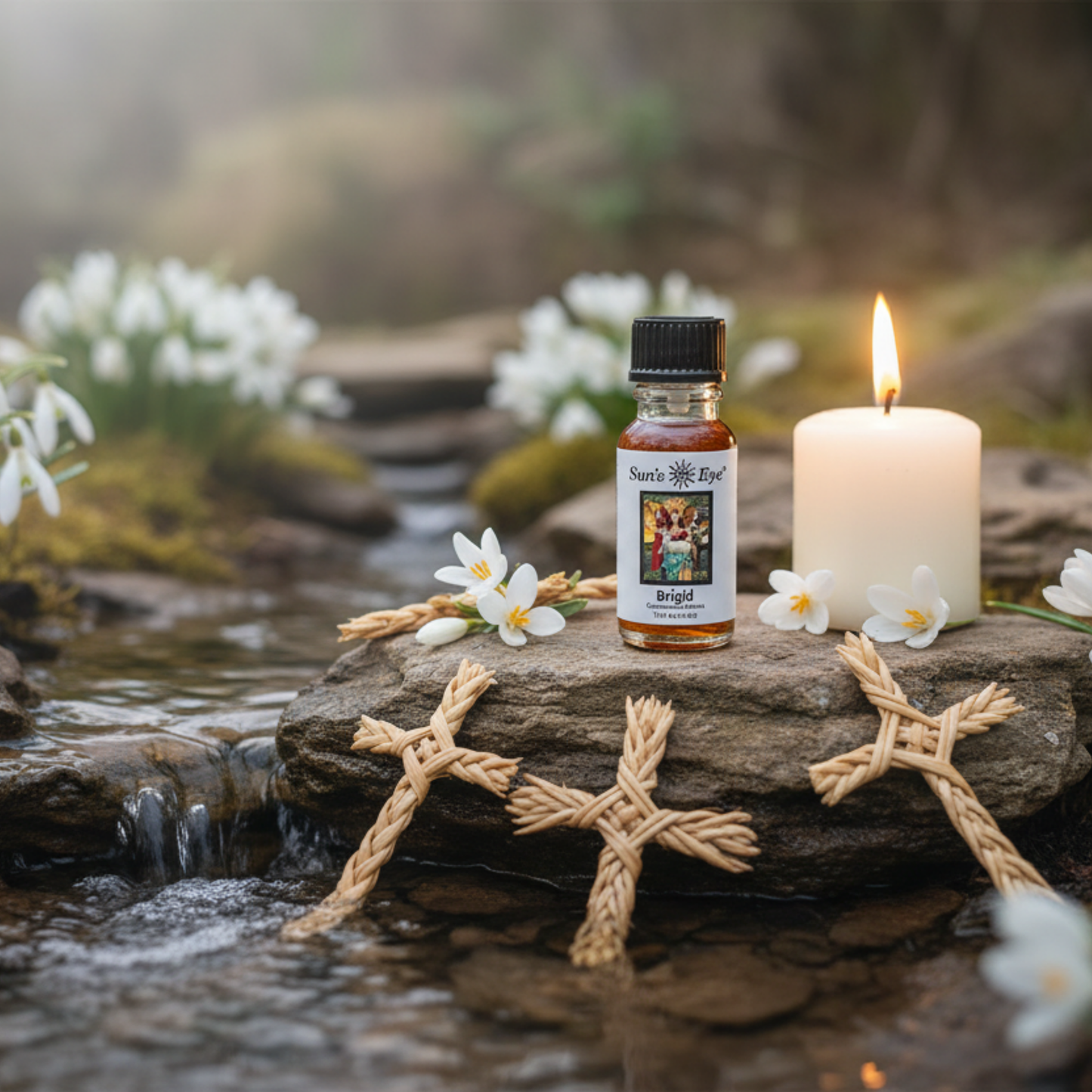 A bottle of suns eye Brigid oil sitting on a rock by a sacred spring with woven wheat crosses and a lit candle with Imbolc flowers.