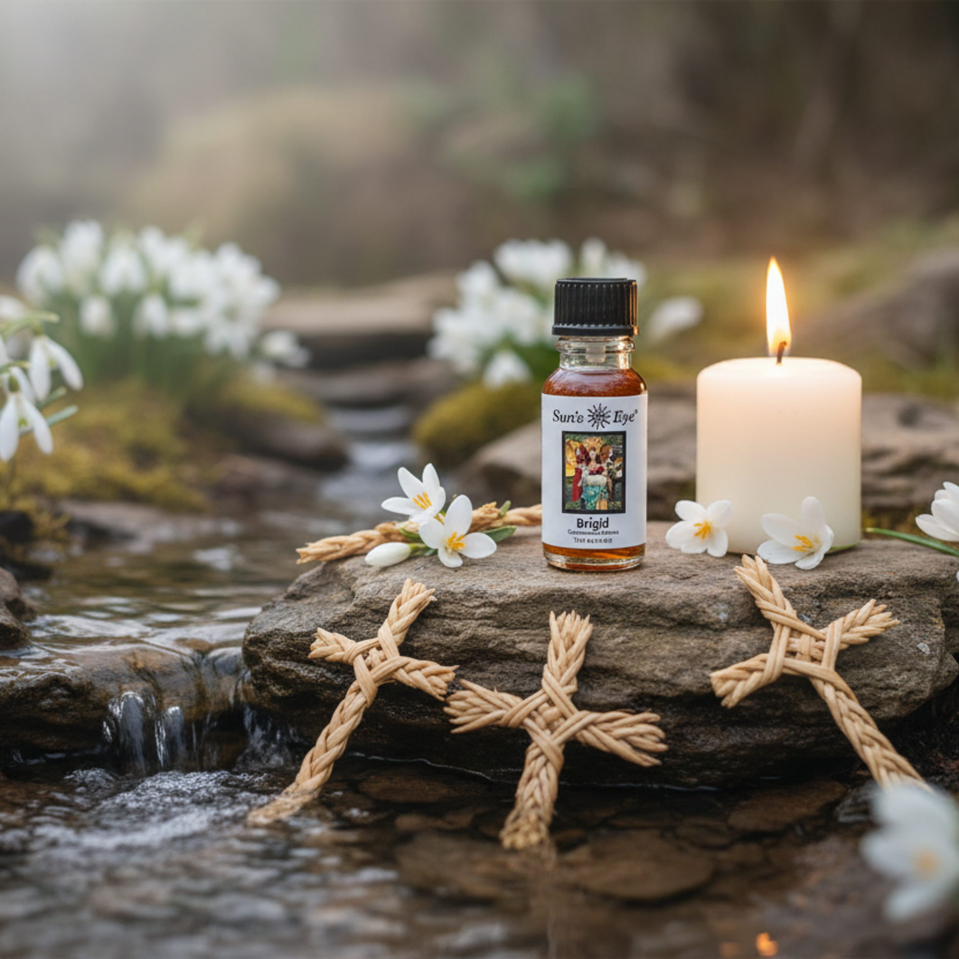A bottle of suns eye Brigid oil sitting on a rock by a sacred spring with woven wheat crosses and a lit candle with Imbolc flowers.