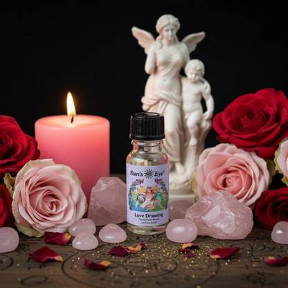 a bottle of Suns Eye Love Drawing oil on an altar with roses and crystals and a statue of Venus and Cupid.