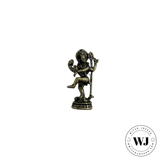 Bronze statue of a dancing figure of Lord Shiva with an implements on a white background, branded 'WJ'.