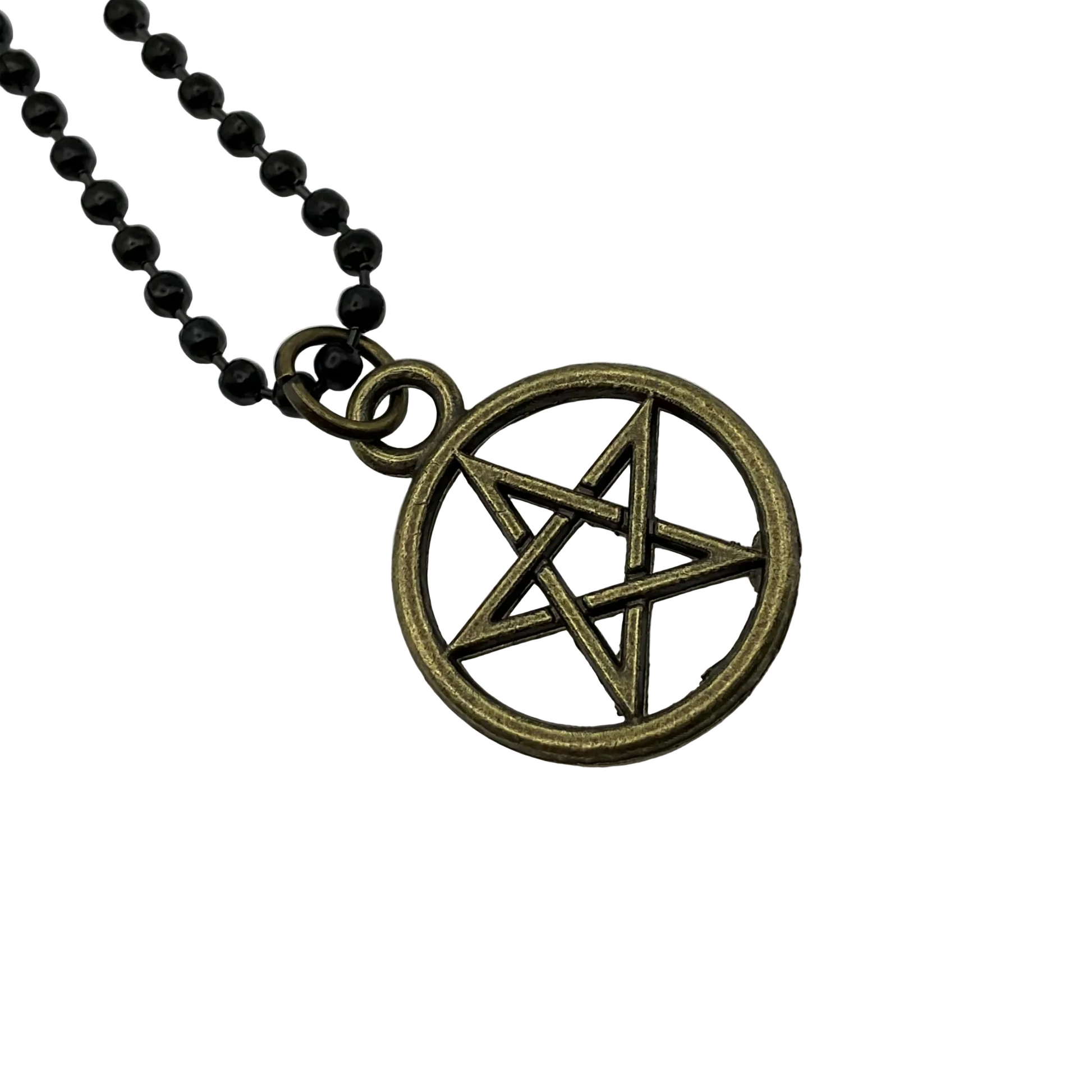Black ball chain Necklace with a bronze tone pentacle  pendant on a white background