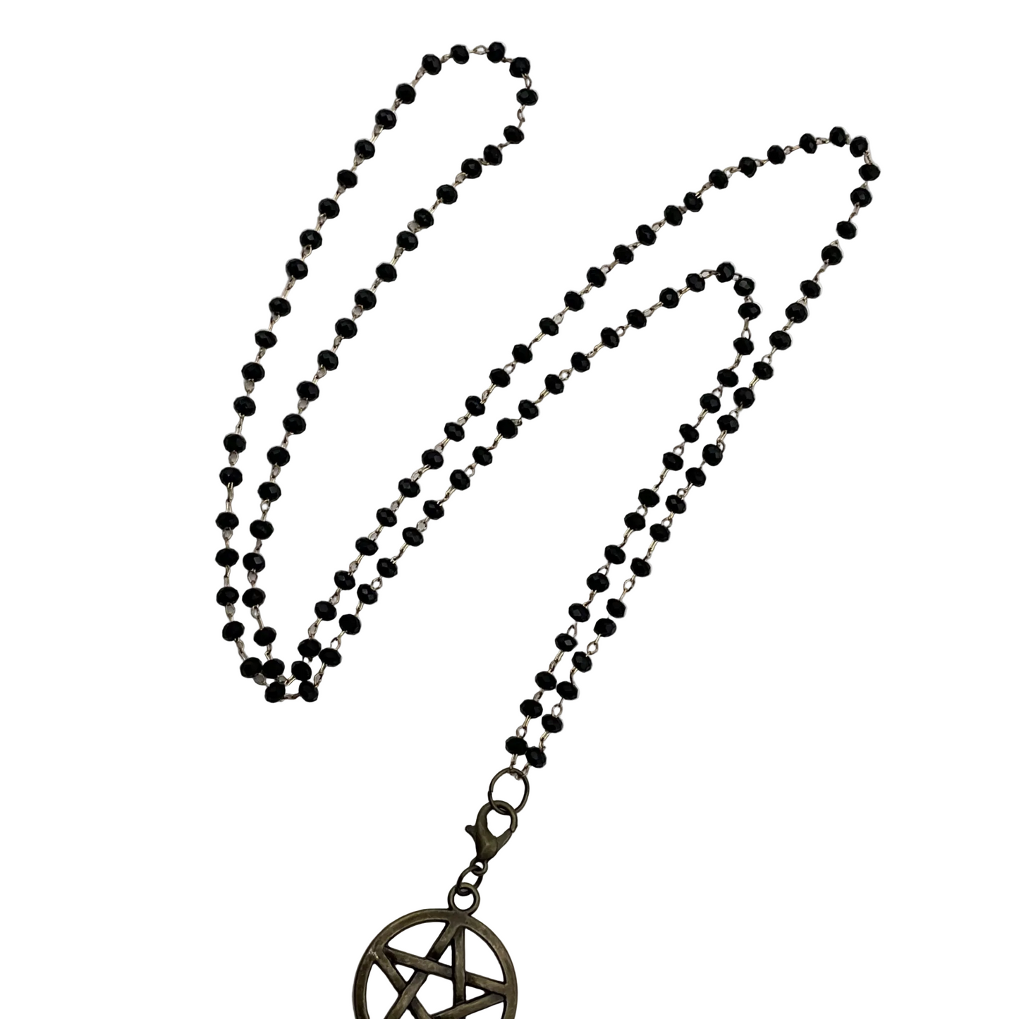 Black beaded necklace with a pentagram pendant on a white background