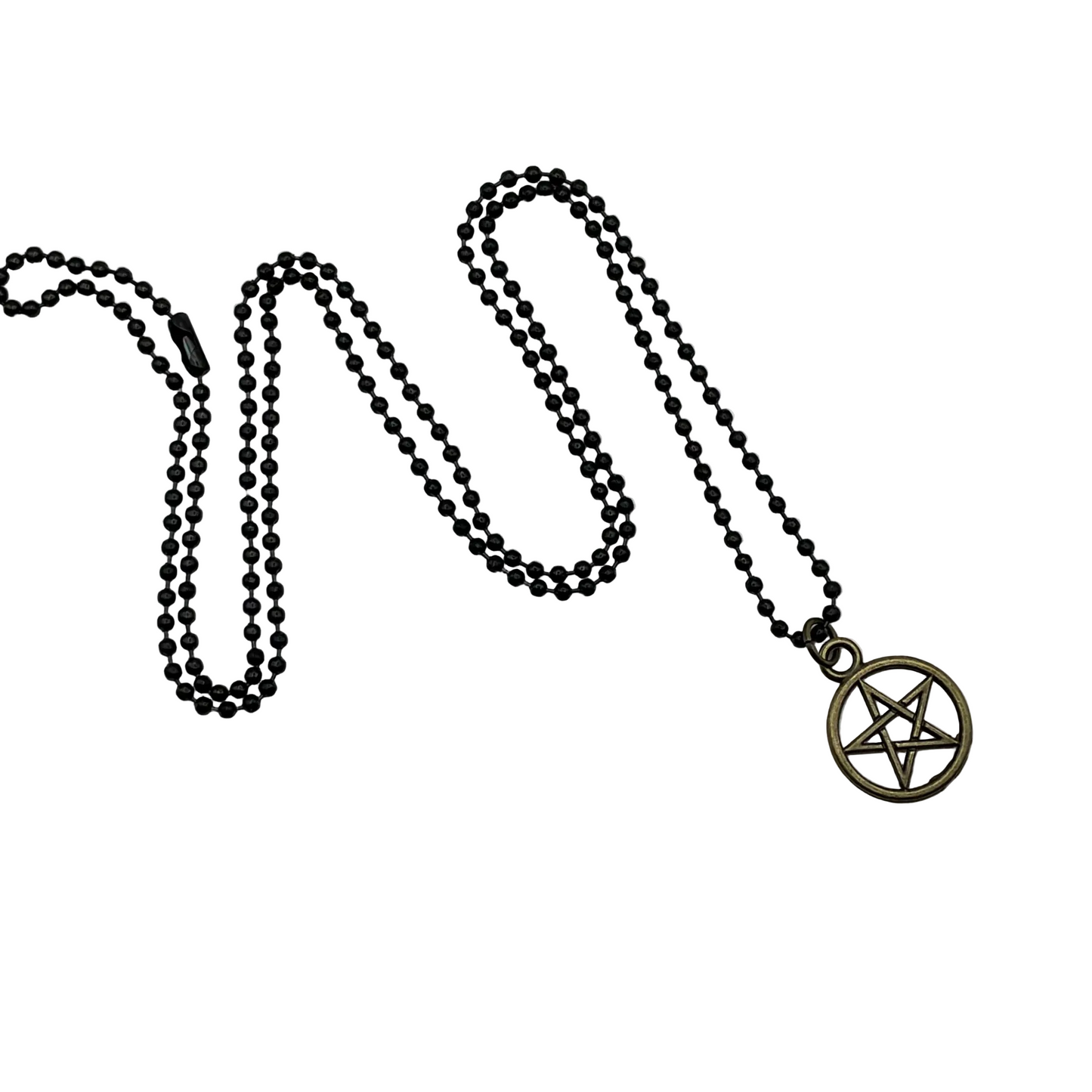 Black ball chain necklace with a bronze tone pentagram pendant on a white background