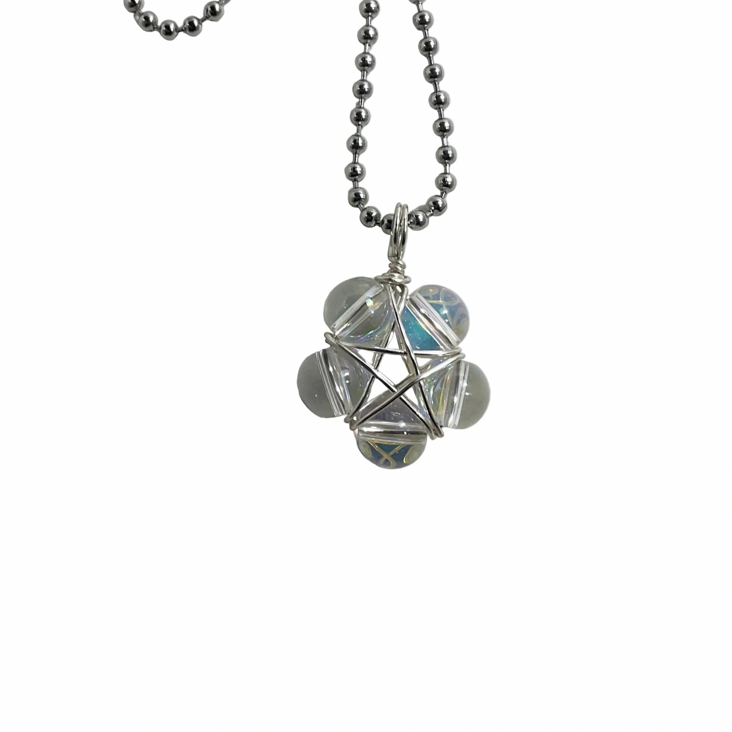 Ball Chain Necklace with a geometric Pentagram Bead wrap pendant on a white background