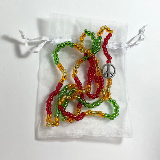 Red Gold and Green Love Beads with silver tone Peace Sign