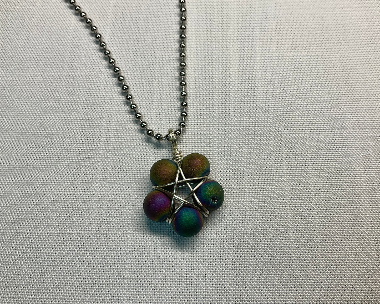 Druzy Agate Bead Wire Wrapped Pentagram Charm Necklace