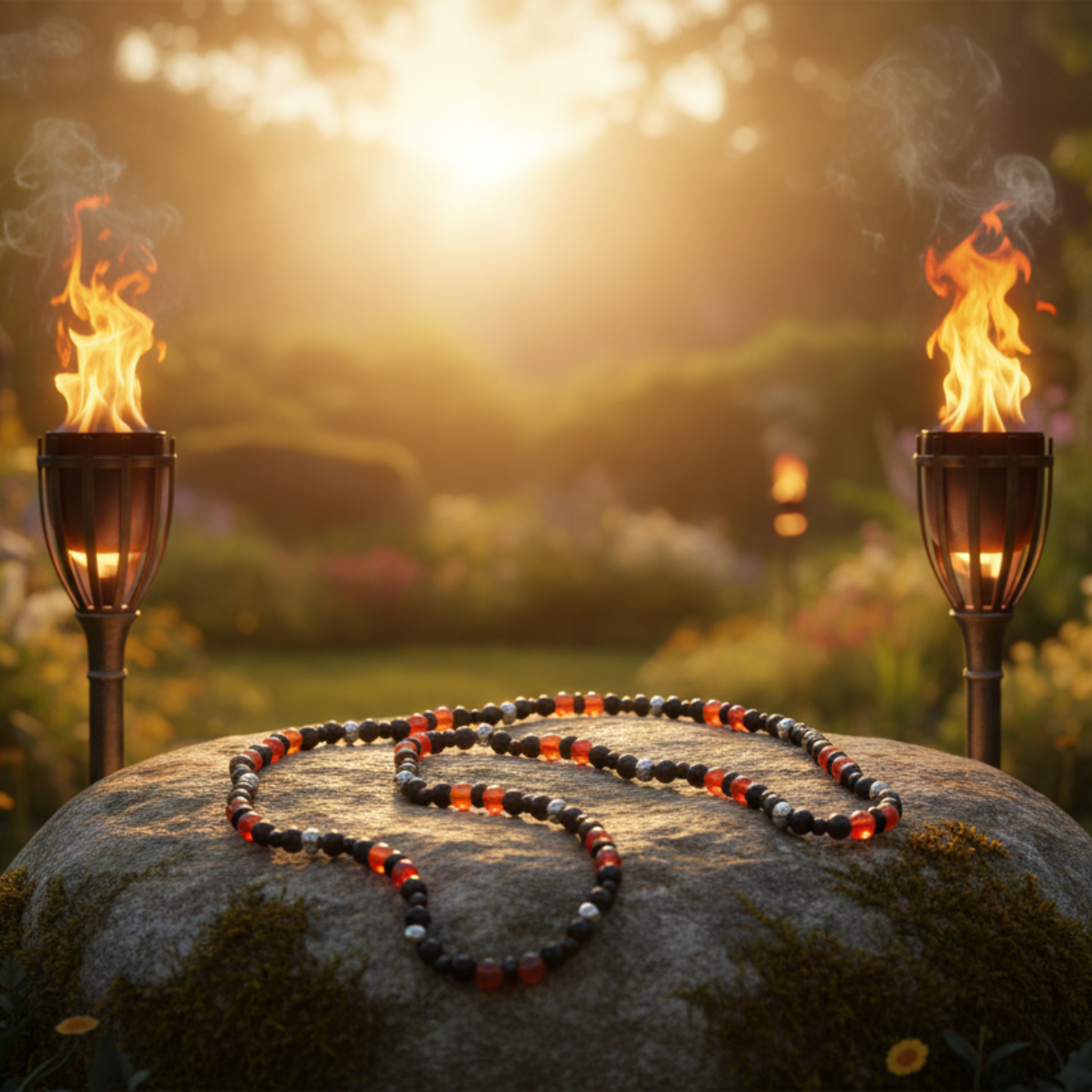 Carnelian Beaded Necklace with black and silver beads on a rustic stone in a garden with two lit torches and rising sun in the background.