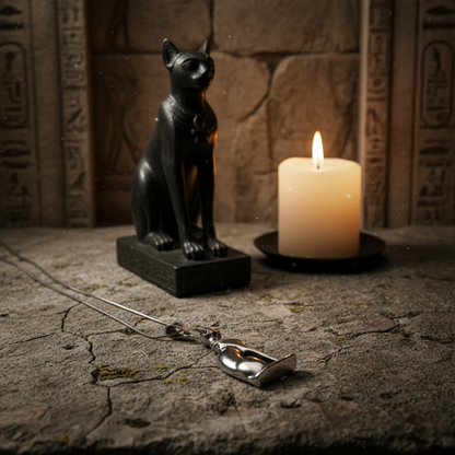 Black cat statue, candle, and silver cat pendant on a stone surface with hieroglyphic background