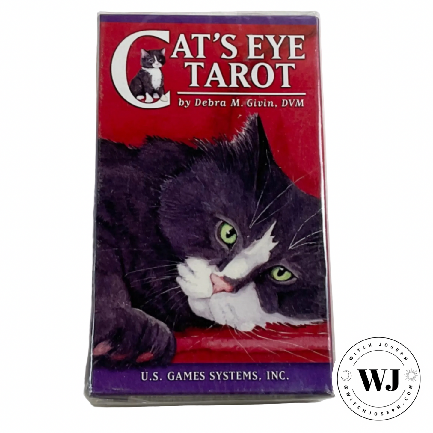 Cat's Eye Tarot card deck packaging with a cat illustration on a red…displayed against a  background