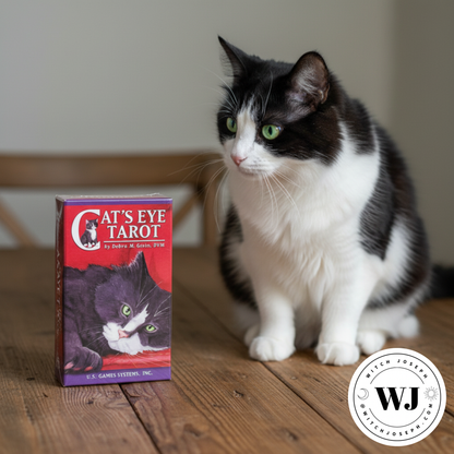 Cat sitting next to a 'Cat's Eye Tarot' deck on a wooden surface