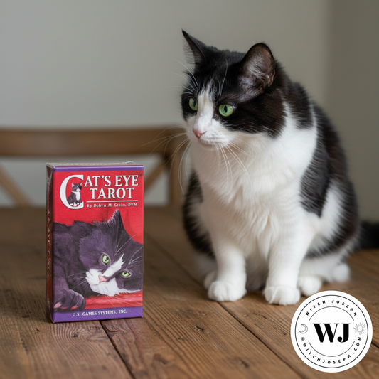 Cat sitting next to a 'Cat's Eye Tarot' deck on a wooden surface