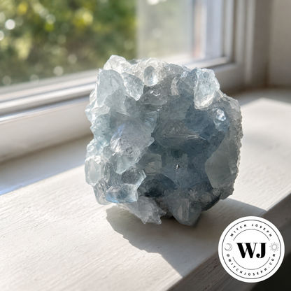 a Celestite crystal cluster displayed on a window sill in the sunlight with the Witch Joseph logo