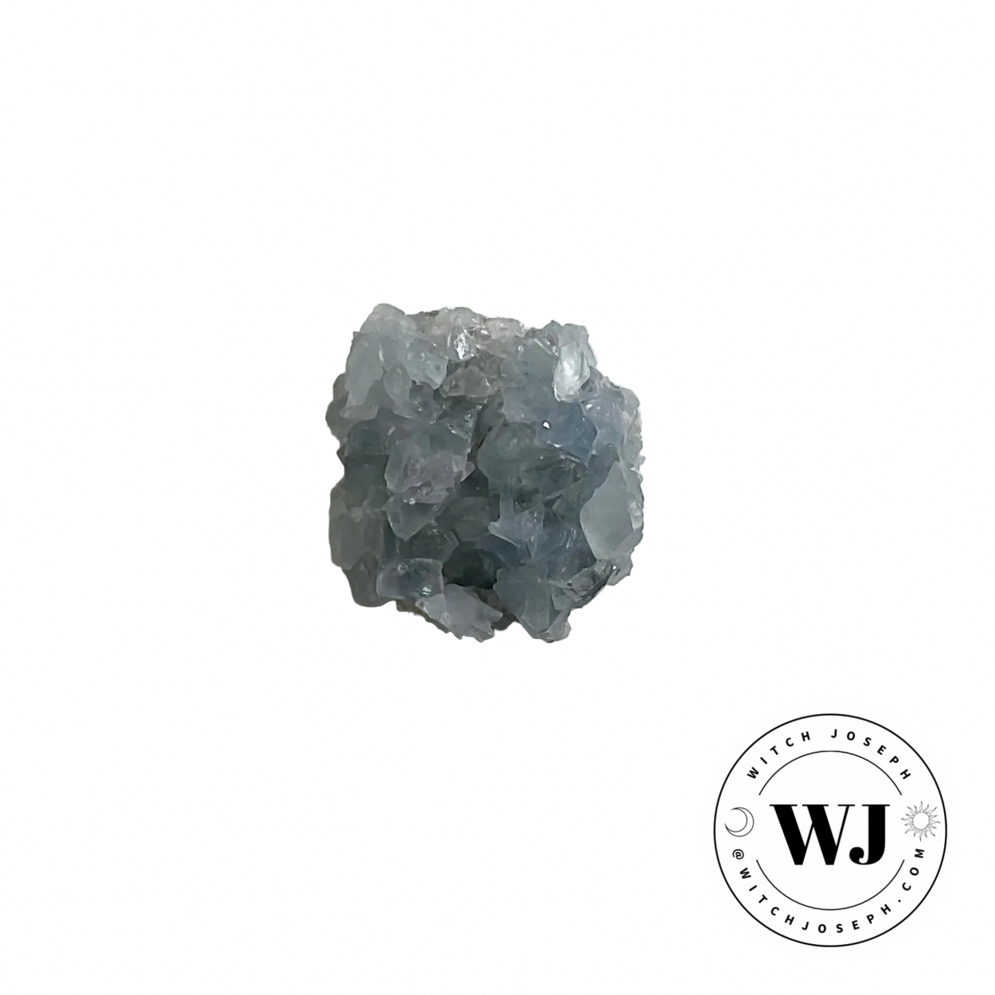 a piece of blue celestite displayed against a white background with the Witch Joseph logo
