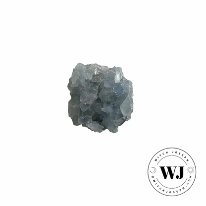 a piece of blue celestite displayed against a white background with the Witch Joseph logo
