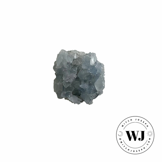 a piece of blue celestite displayed against a white background with the Witch Joseph logo