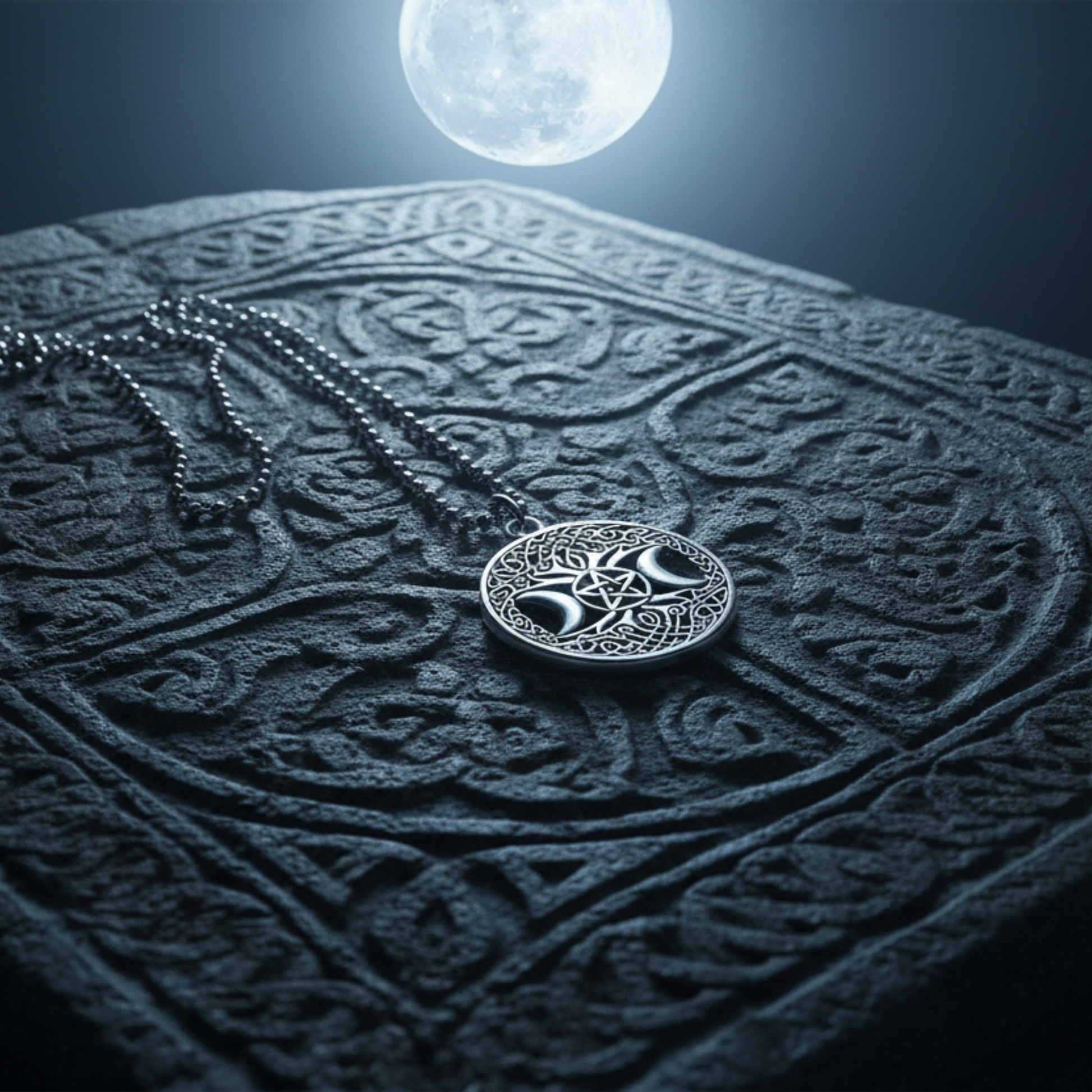 Silver tone necklace with a round pendant with a Celtic tree of life and triple Goddess pentacle symbol with chain laying on an engraved stone with Celtic knotwork  surface under a full moon
