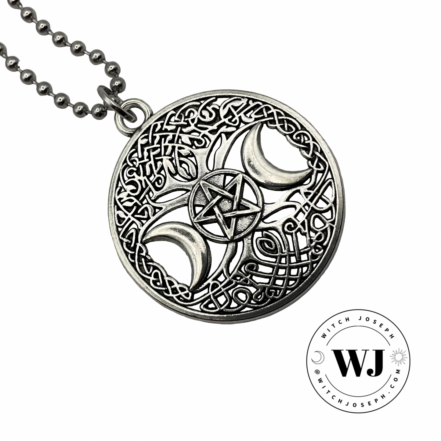 The Celtic Tree of Life charm necklace with the triple Goddess Pentacle symbol on a silver tone ball chain displayed on a white background with the Witch Joseph Logo