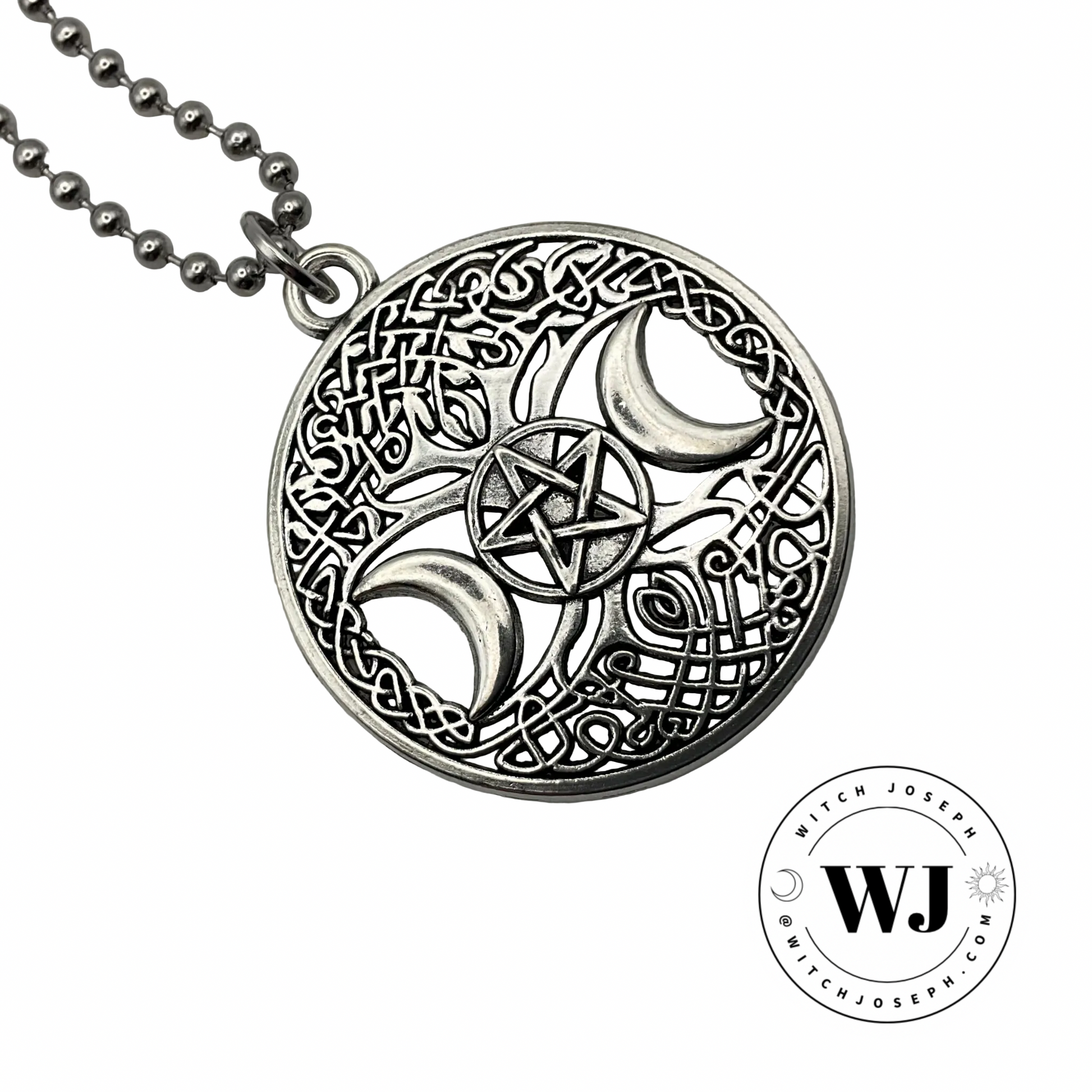 The Celtic Tree of Life charm necklace with the triple Goddess Pentacle symbol on a silver tone ball chain displayed on a white background with the Witch Joseph Logo