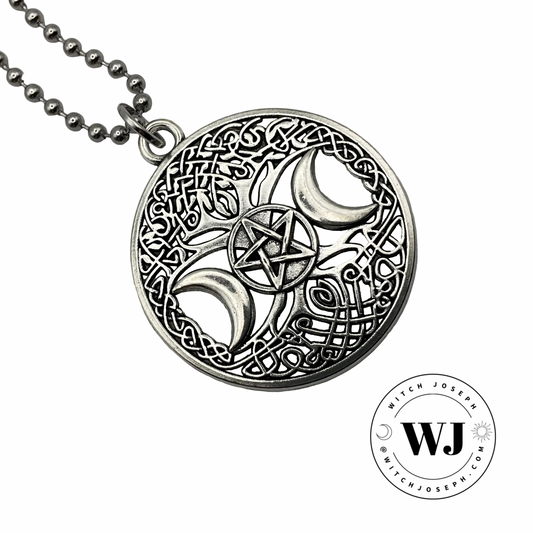 The Celtic Tree of Life charm necklace with the triple Goddess Pentacle symbol on a silver tone ball chain displayed on a white background with the Witch Joseph Logo
