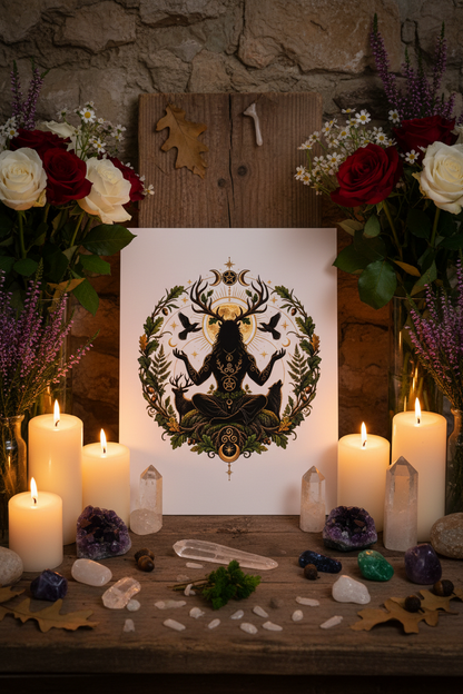 A square art print featuring a black central cernunnos figure with antlers and a crescent moon above, surrounded by ornate gold and green foliage, and wild life, displayed on a rustic wooden table with lit candles, crystals, flowers, and a stone wall background.