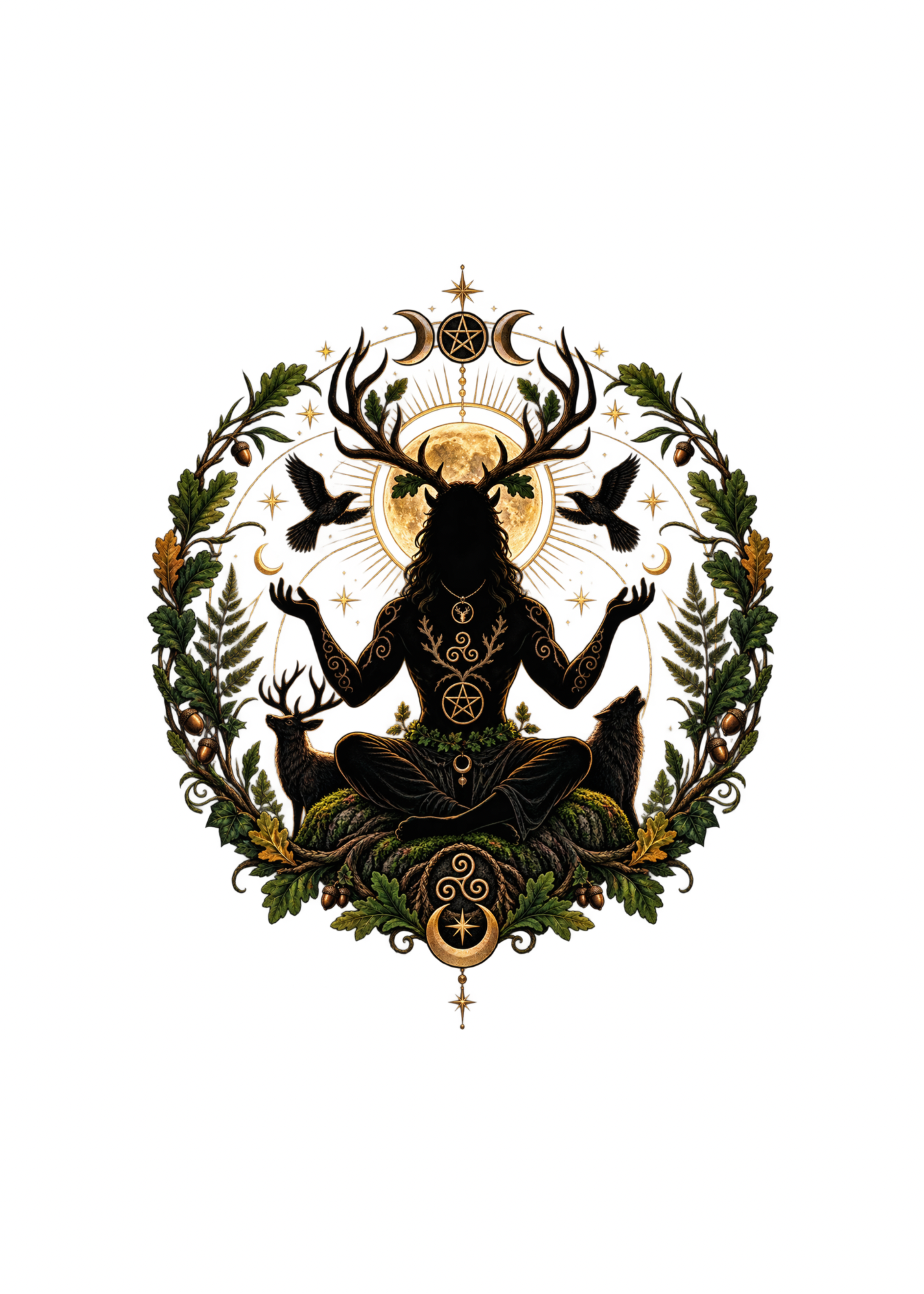 A circular mystical graphic featuring a black Cernunnos silhouette with antlers, seated cross-legged and surrounded by green foliage, birds, stars, and gold celestial symbols on a white background.