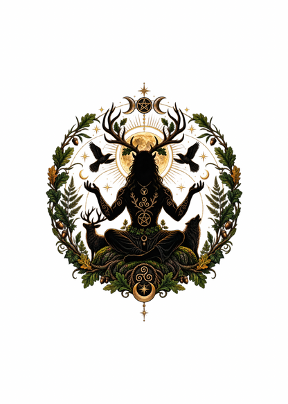 A circular mystical graphic featuring a black Cernunnos silhouette with antlers, seated cross-legged and surrounded by green foliage, birds, stars, and gold celestial symbols on a white background.