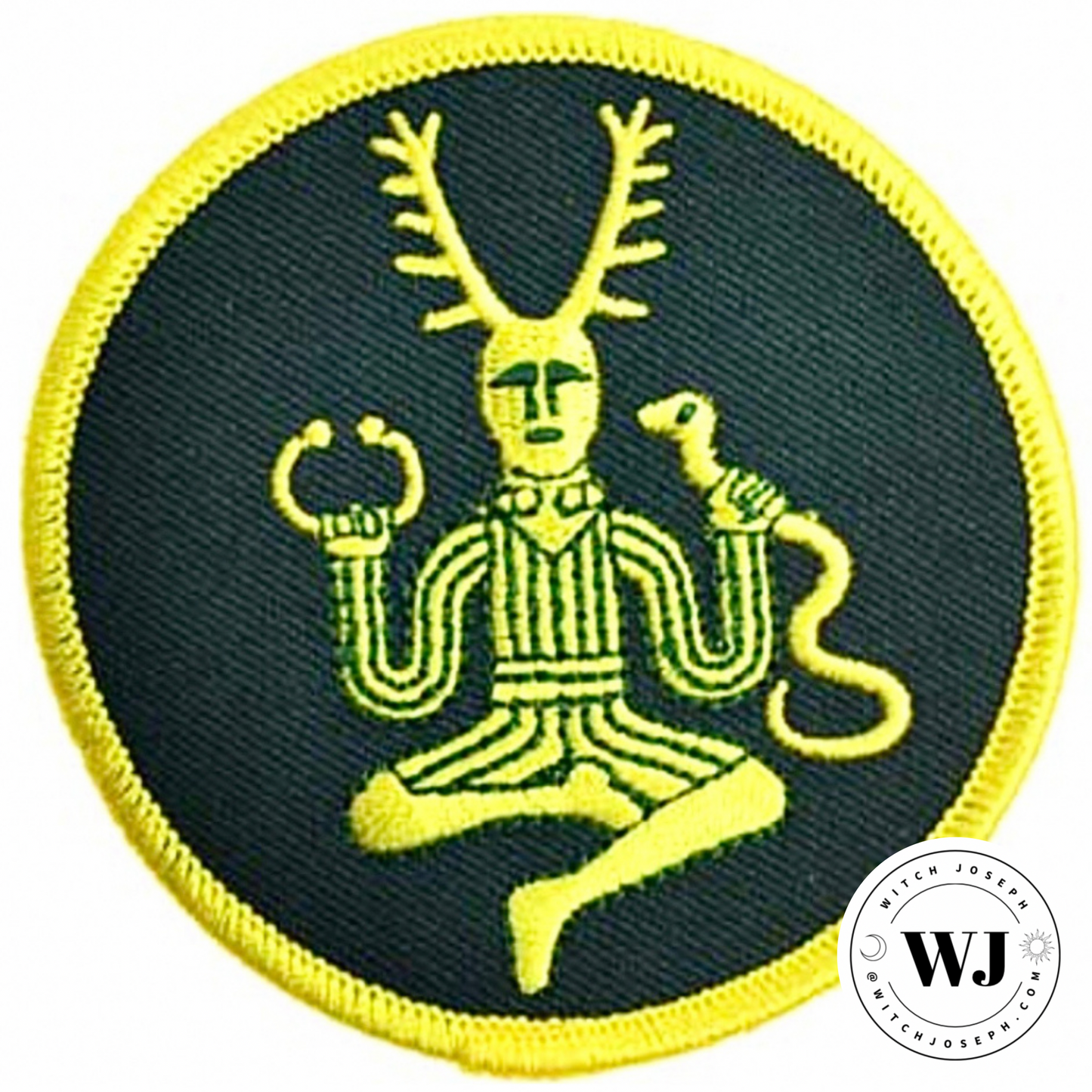 Embroidered patch with a central Cernunnos figure holding a snake and a torque, on a green background with yellow border.