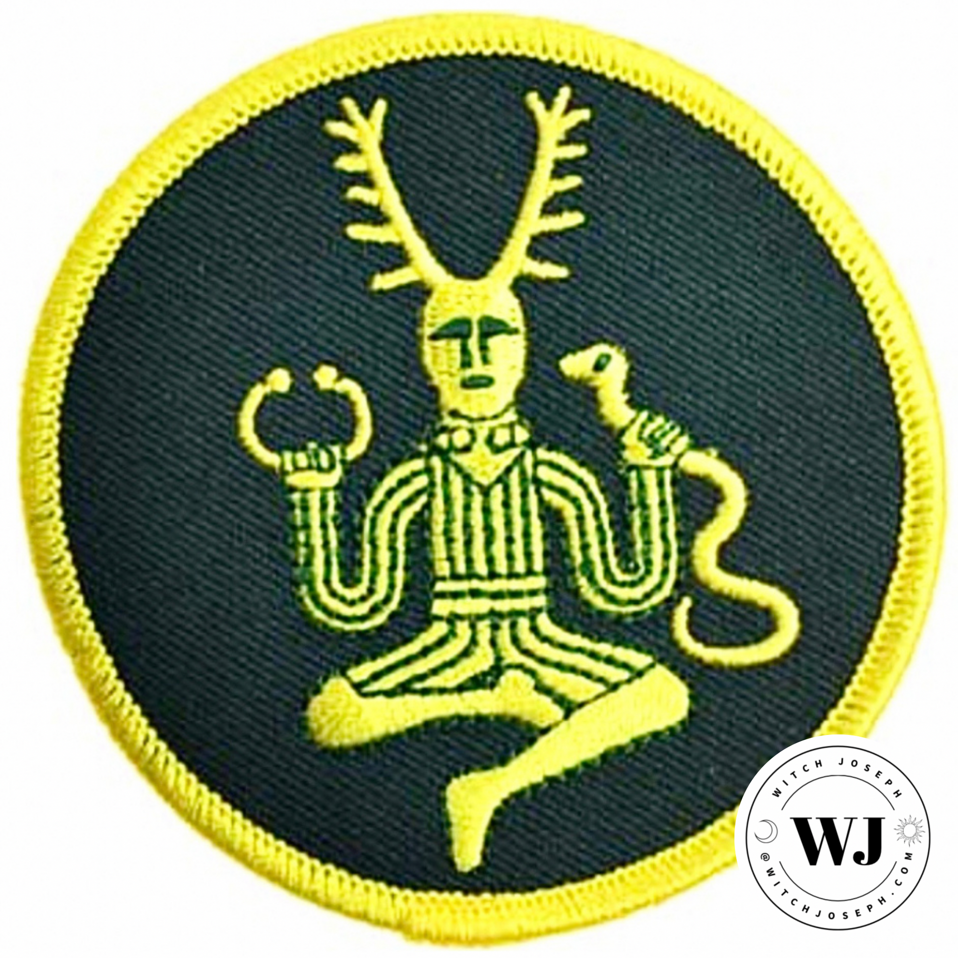 Embroidered patch with a central Cernunnos figure holding a snake and a torque, on a green background with yellow border.