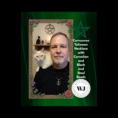 Witch Joseph with Angelique perched on his shoulder…he is wearing a Cernunnos Talisman Necklace with Carnelian and Black and Steel Beads, framed by decorative elements and the Witch Joseph logo