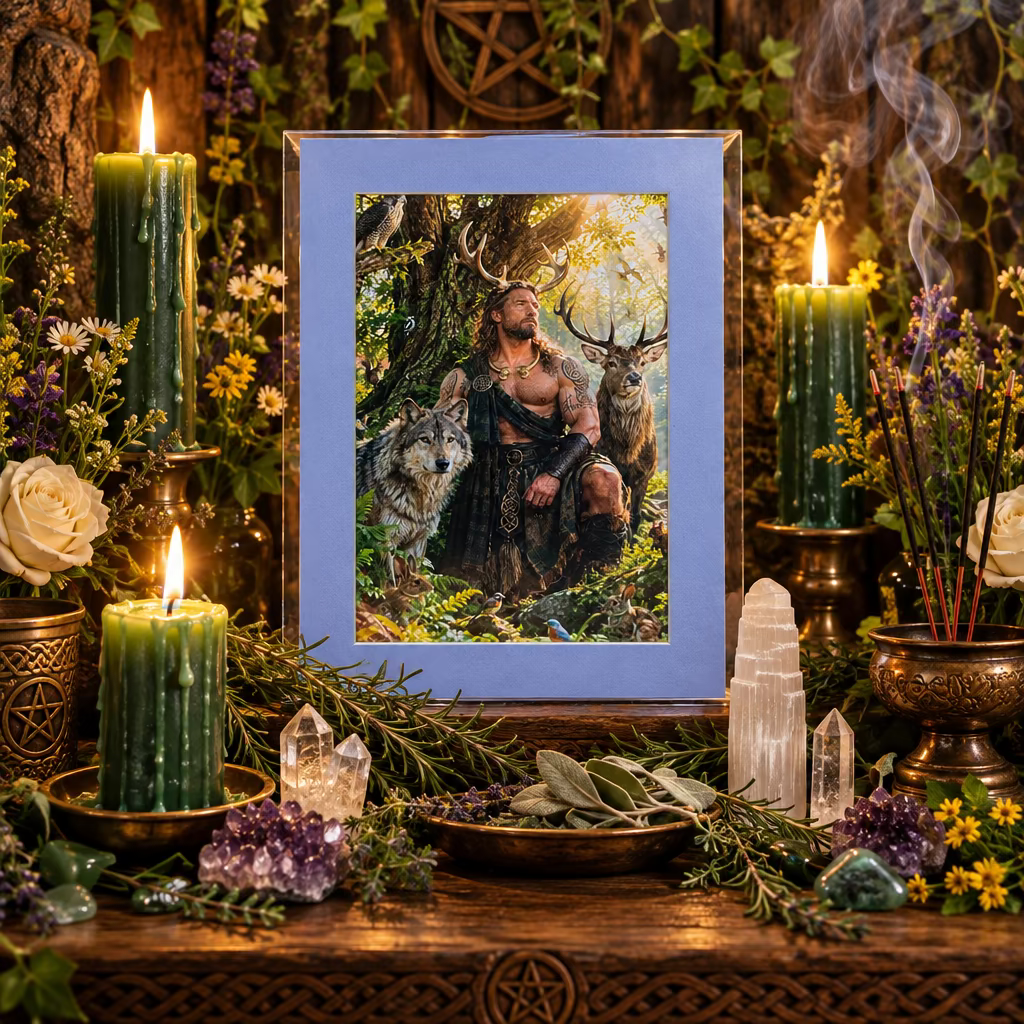 A matted art print featuring Cernunnos with antlers, a wolf, and a stag in a forest, displayed on a wooden surface.