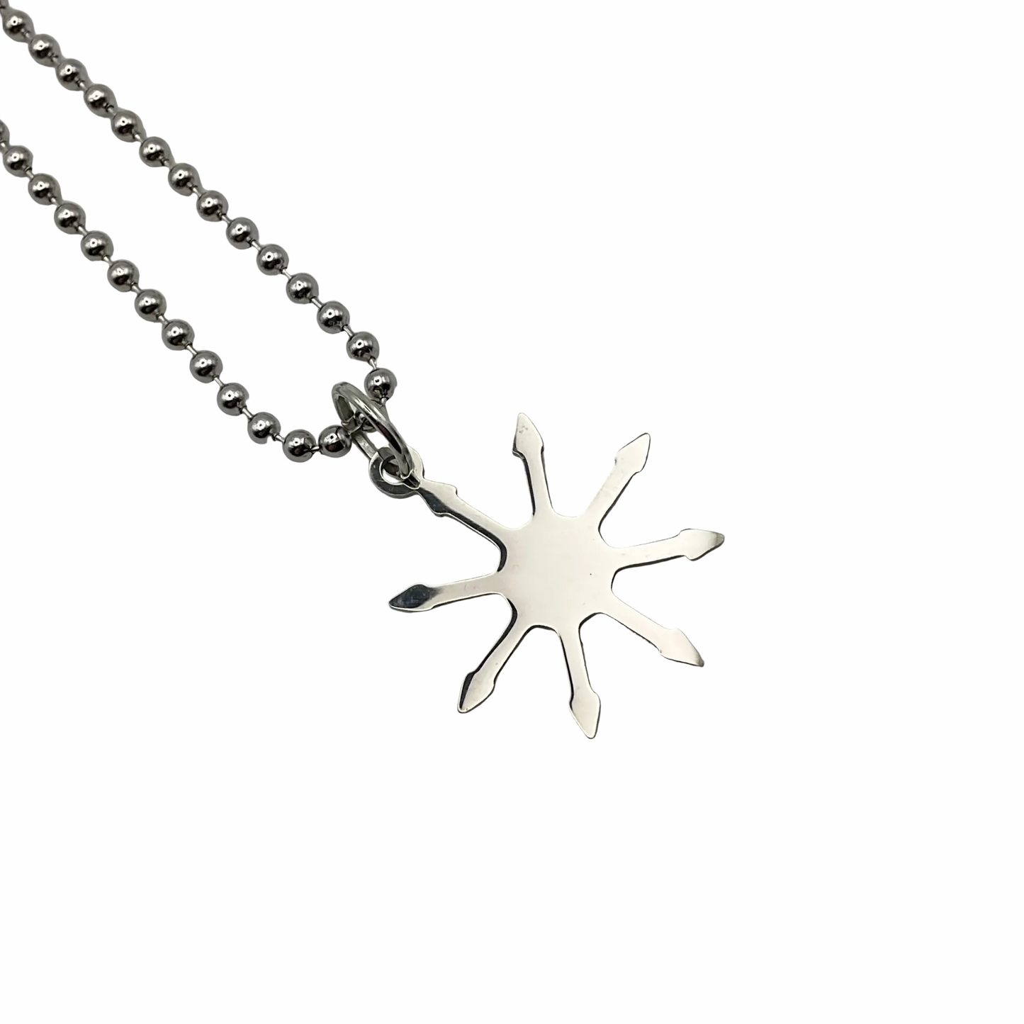 A Silver tone chaos star on a ball chain charm necklace displayed against a white background