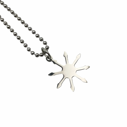 A Silver tone chaos star on a ball chain charm necklace displayed against a white background