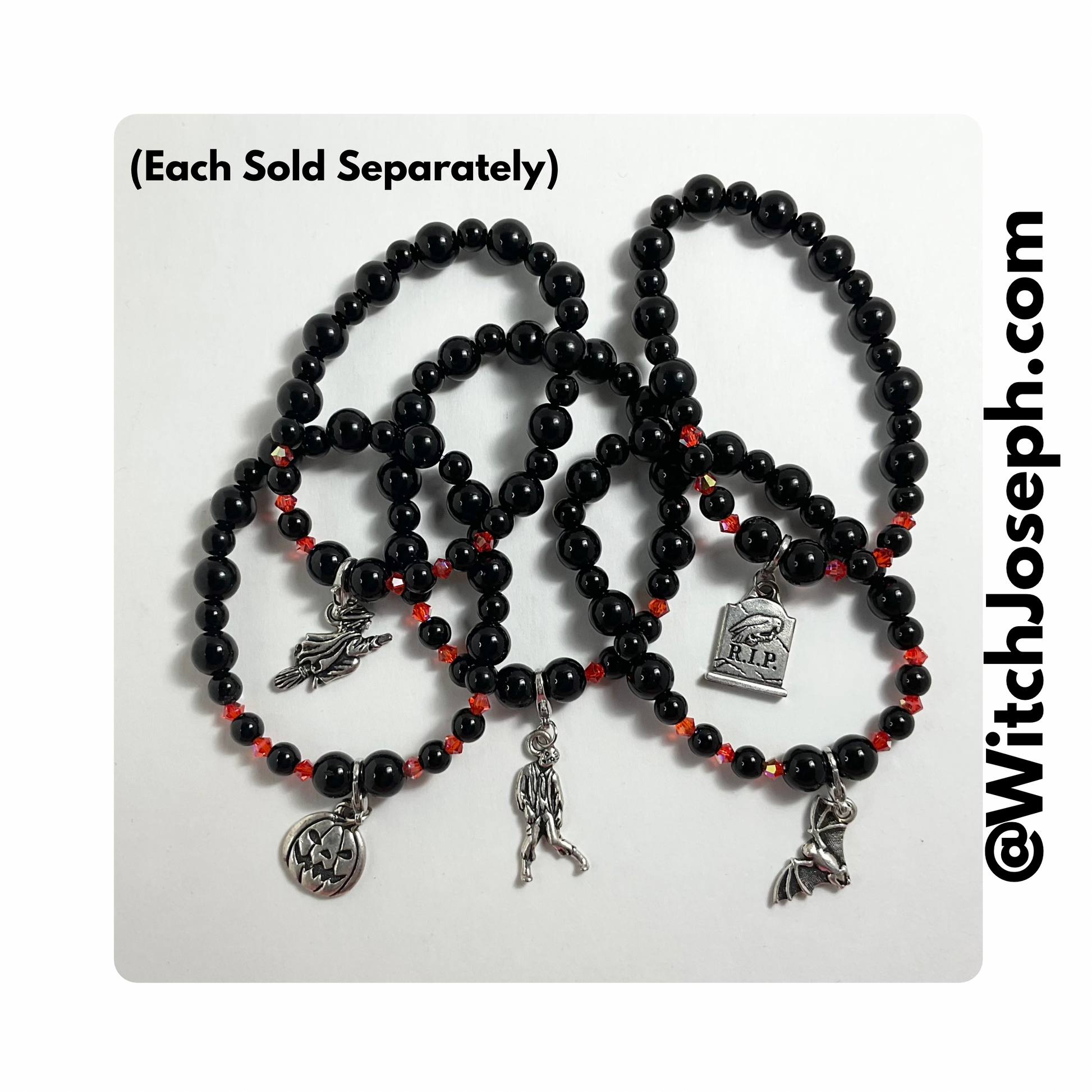 Five Halloween Charm Stretch Bracelets, each sold separately, displayed against a light background with the WItch Joseph URL