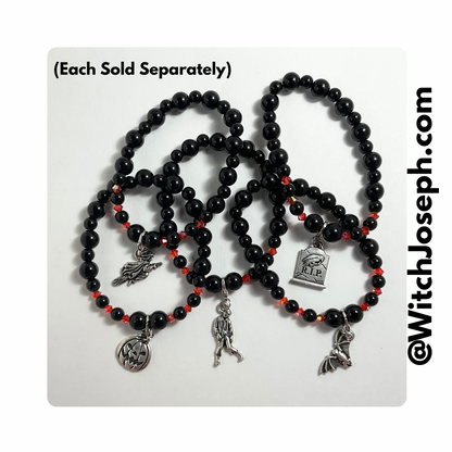 Five Halloween Charm Stretch Bracelets, each sold separately, displayed against a light background with the WItch Joseph URL