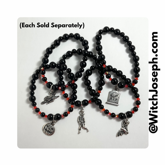 Five Halloween Charm Stretch Bracelets, each sold separately, displayed against a light background with the WItch Joseph URL