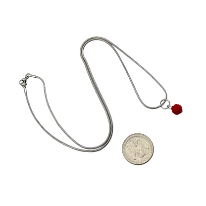 Silver tone necklace with a red coral pendant next to a coin on a white background