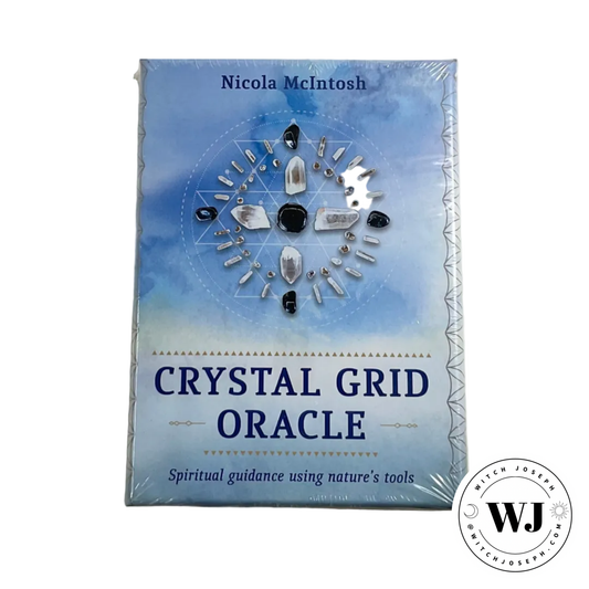 Crystal Grid Oracle deck by Nicola McIntosh with a blue cover and crystal imagery.