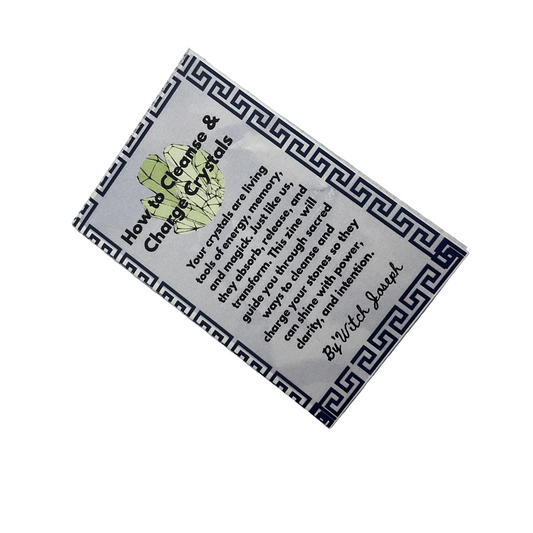Zine cover with text “How to cleanse and charge crystals” with decorative elements on a white background