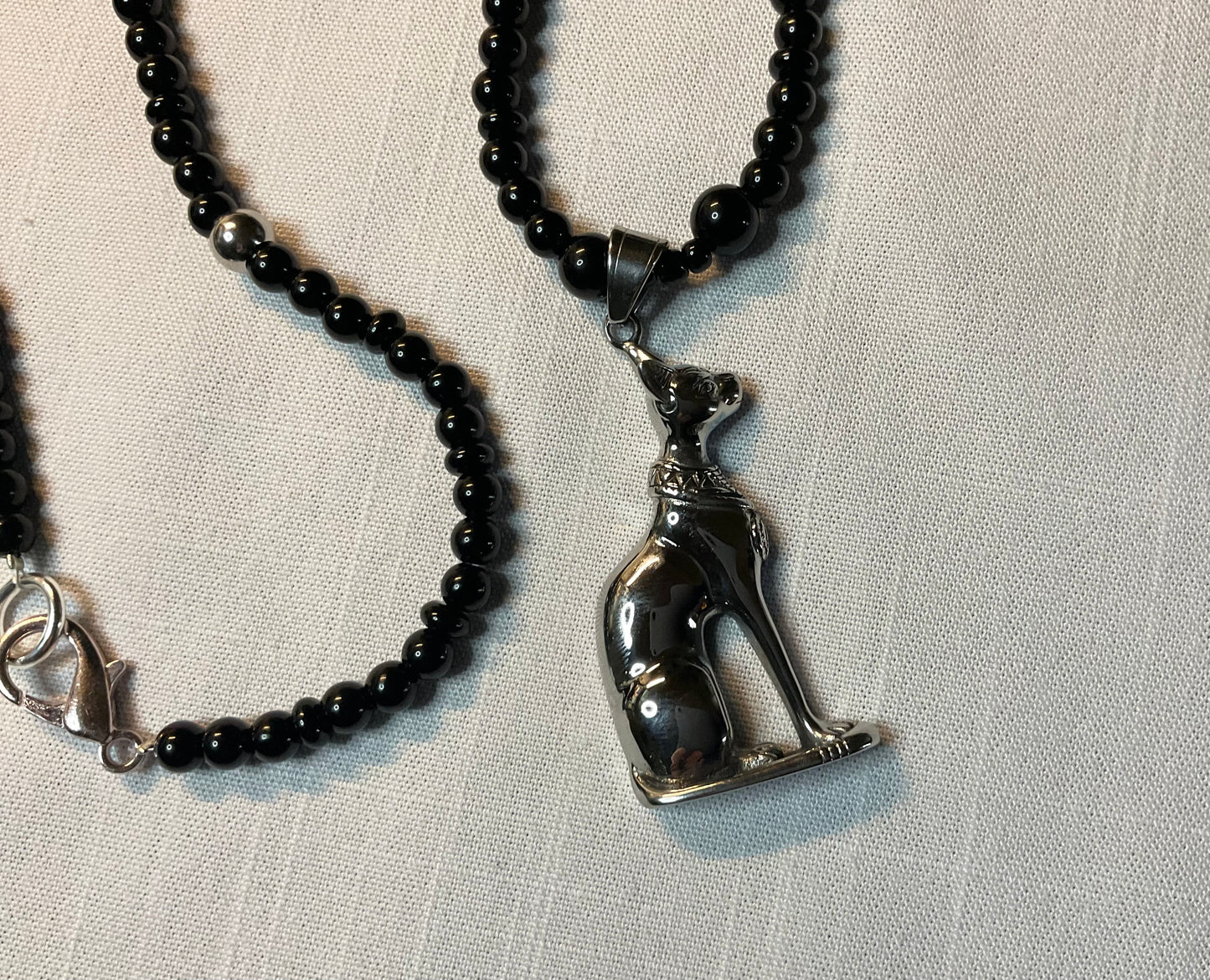 Bastet Goddess Talisman Necklace with Steel Accent Beads