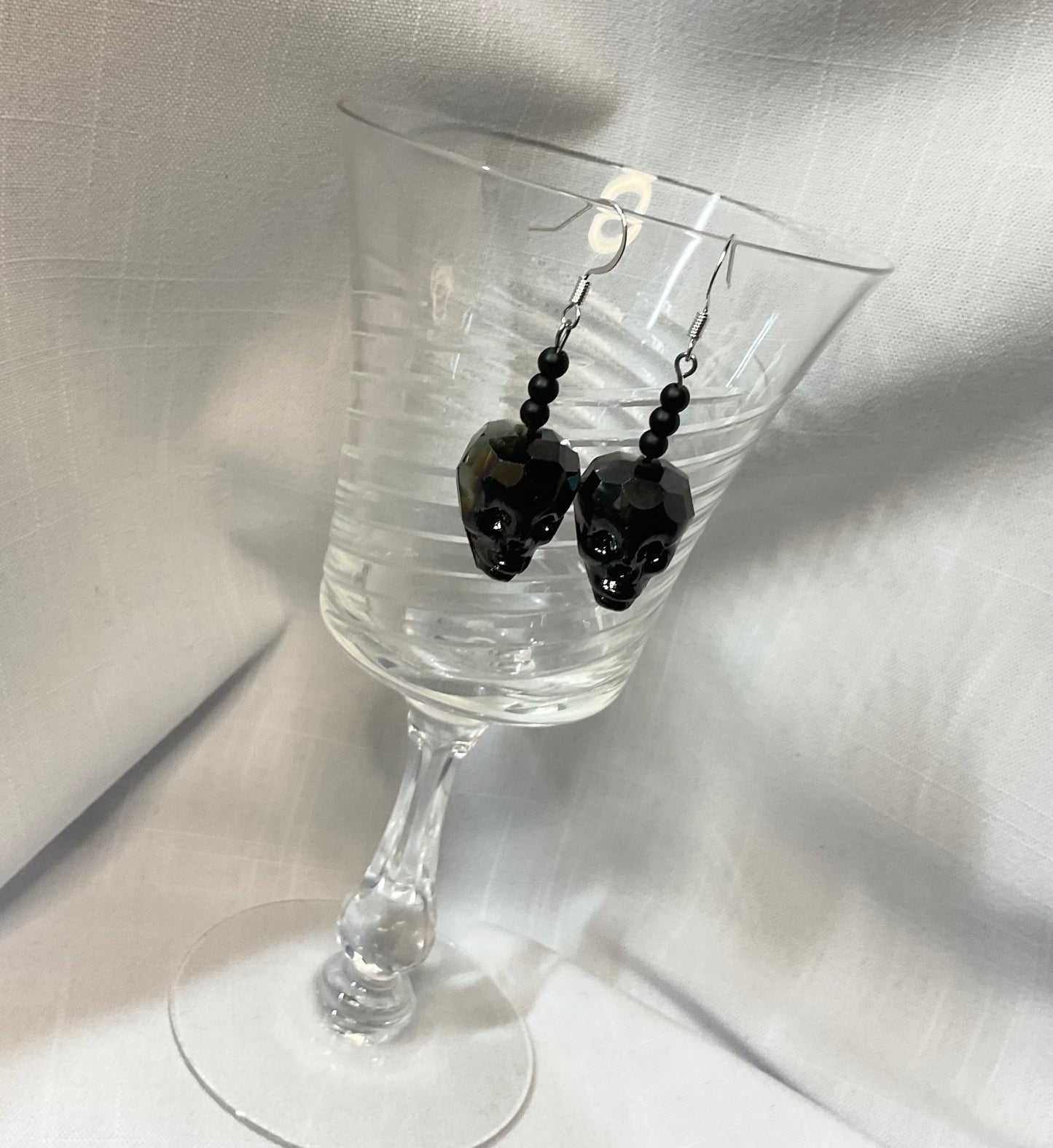 Faceted Black Glass Skull Earrings