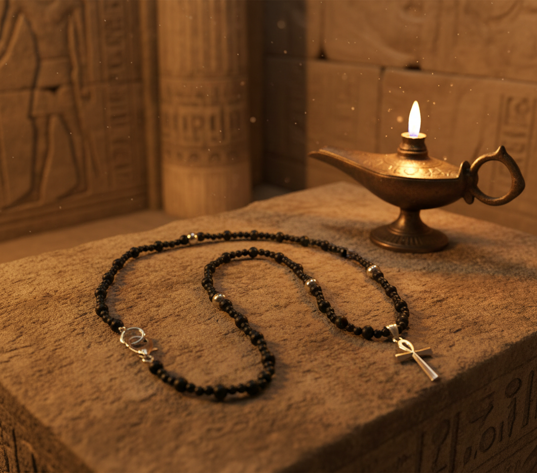 Ankh Talisman With Black Beads and Steel Accents