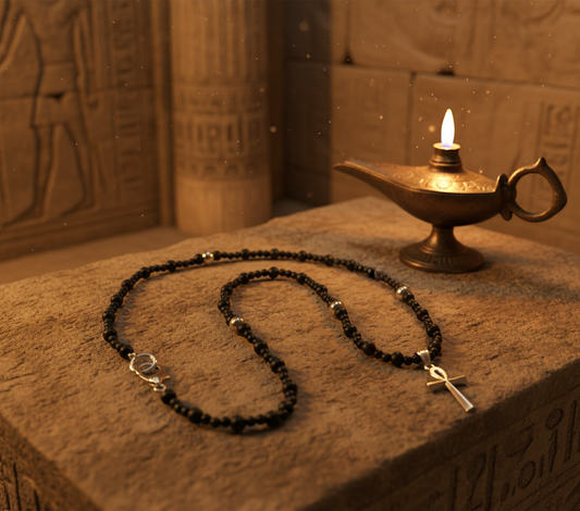 Ankh Talisman With Black Beads and Steel Accents