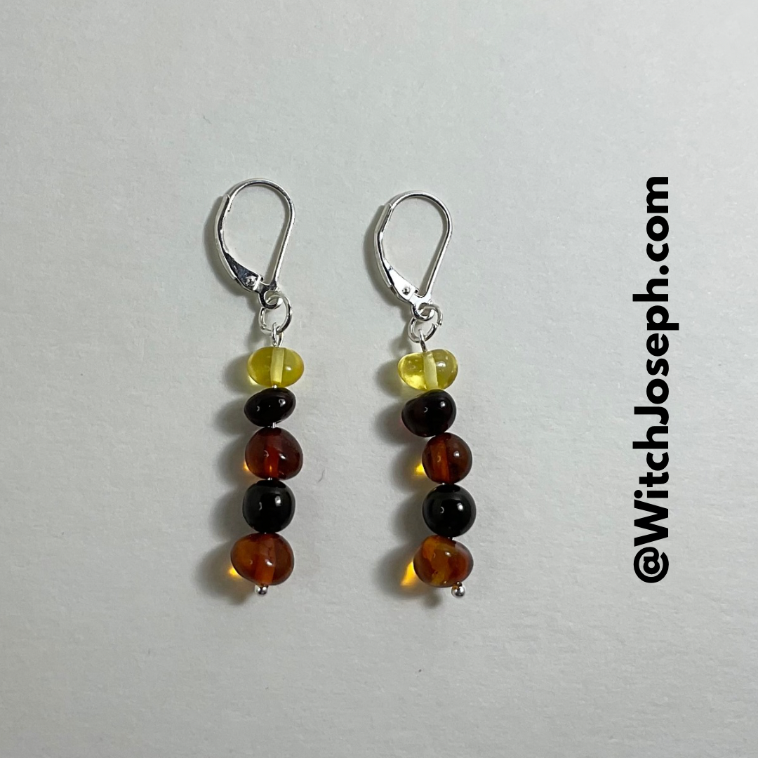 Amber and Jet Dangle Earrings in Sterling