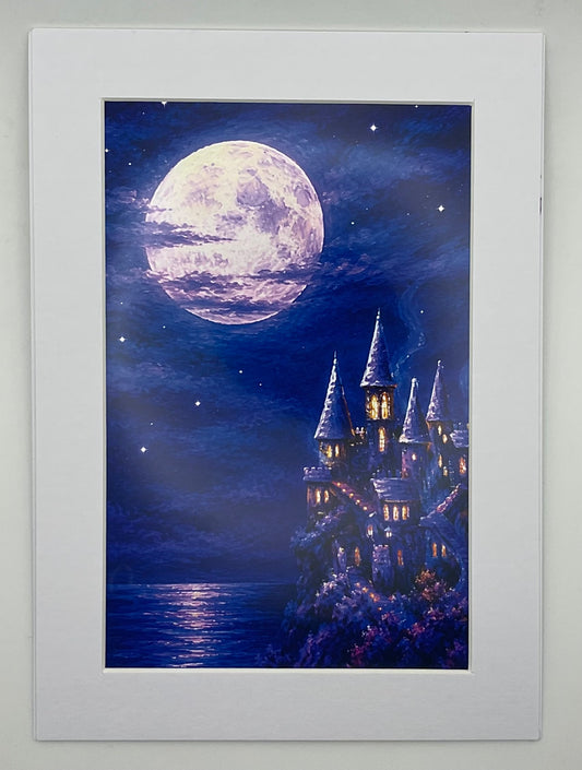 an art print from a painting of a castle by the sea under full moon light