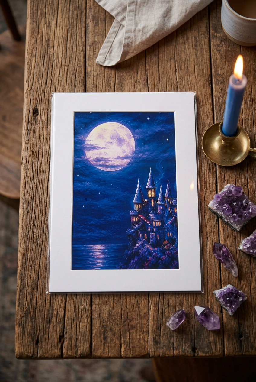 Print of the dark castle fantasy art print displayed on a wooden table