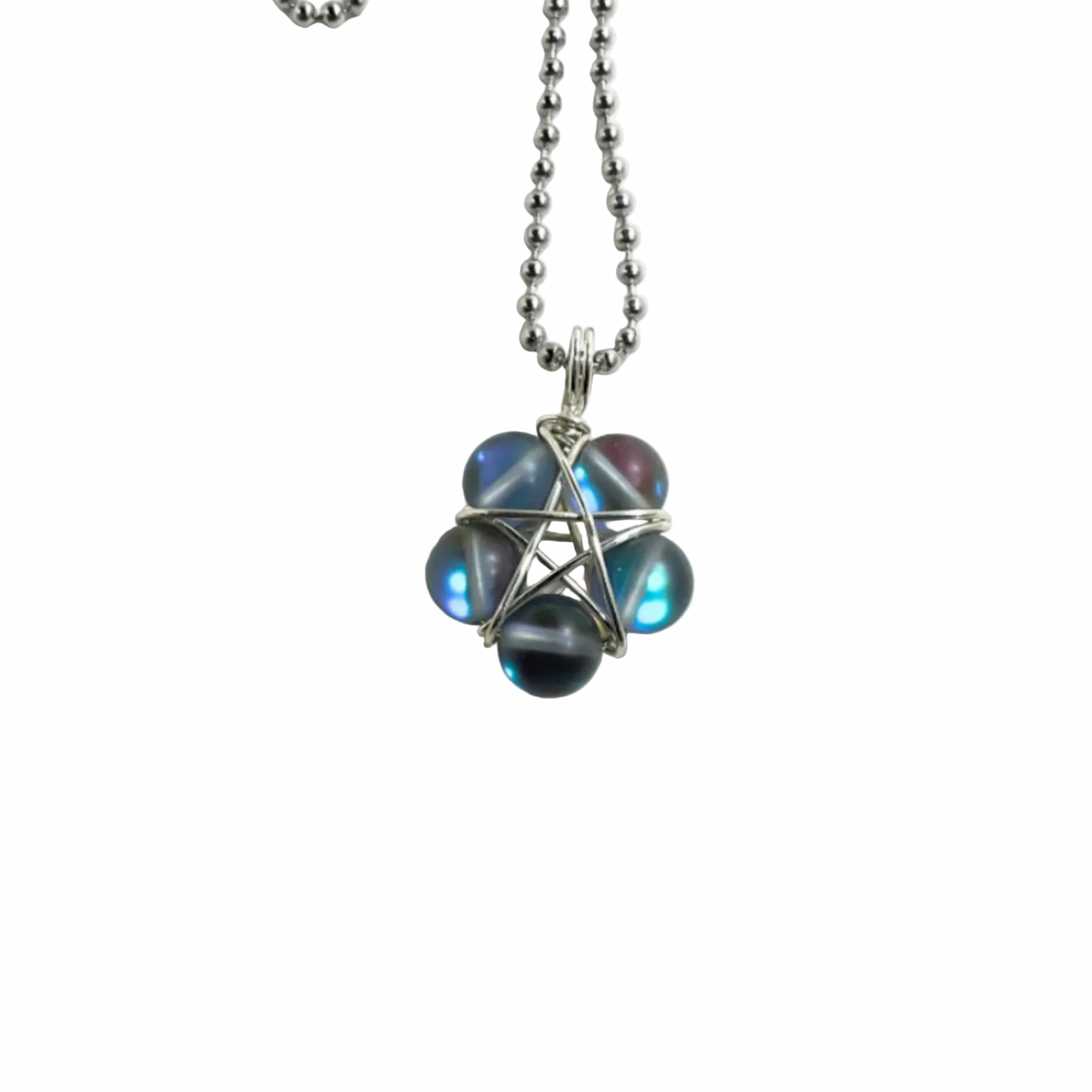 A dark mermaid oceanic colors wire wrapped bead pentagram on a silver tone ball chain